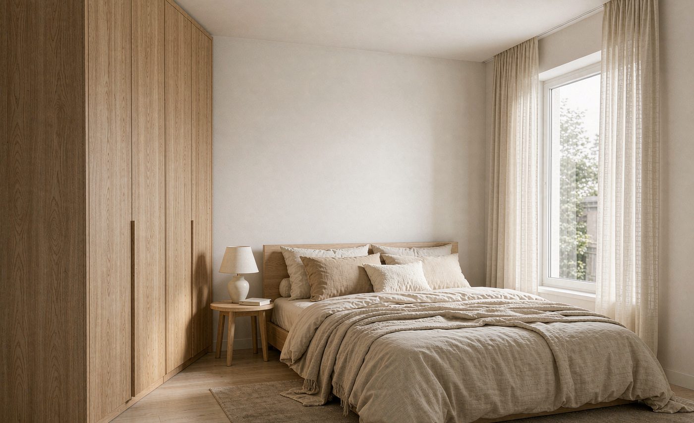 Main bedroom: three boxes of clothes, moved into one wall, after