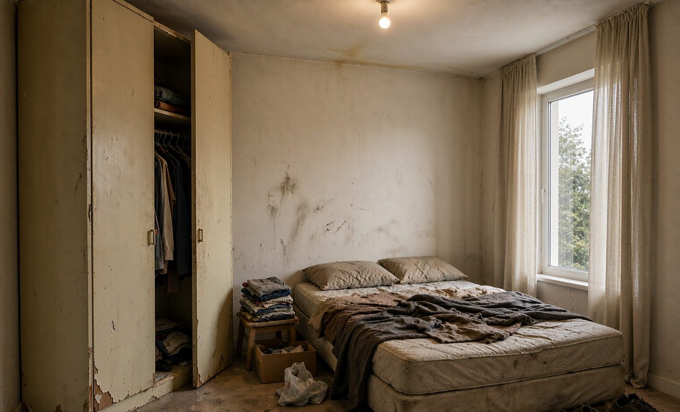 Main bedroom: three boxes of clothes, moved into one wall: before