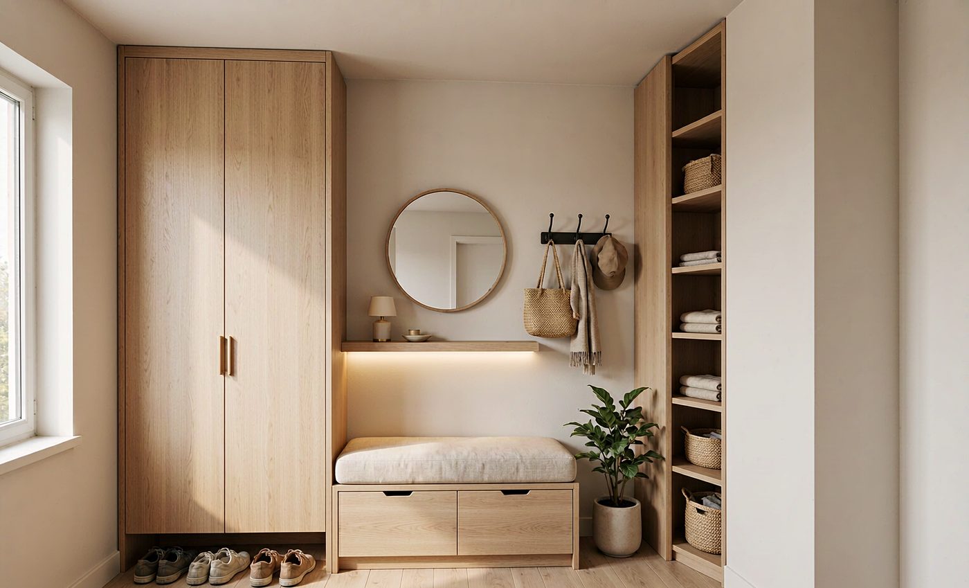 A 32 sq ft entry: a bench, and room for twelve pairs of shoes, after