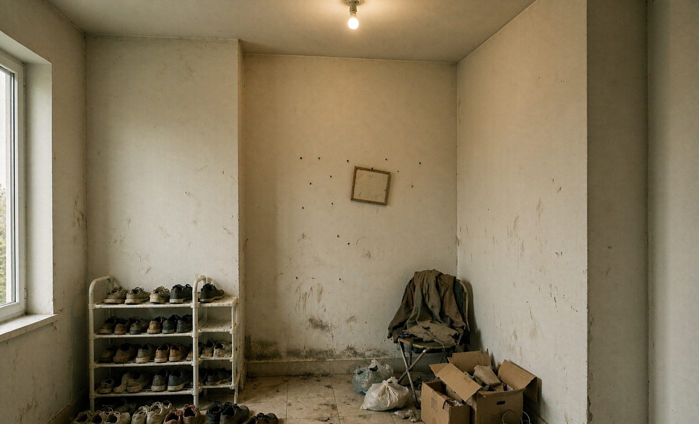 A 32 sq ft entry: a bench, and room for twelve pairs of shoes: before