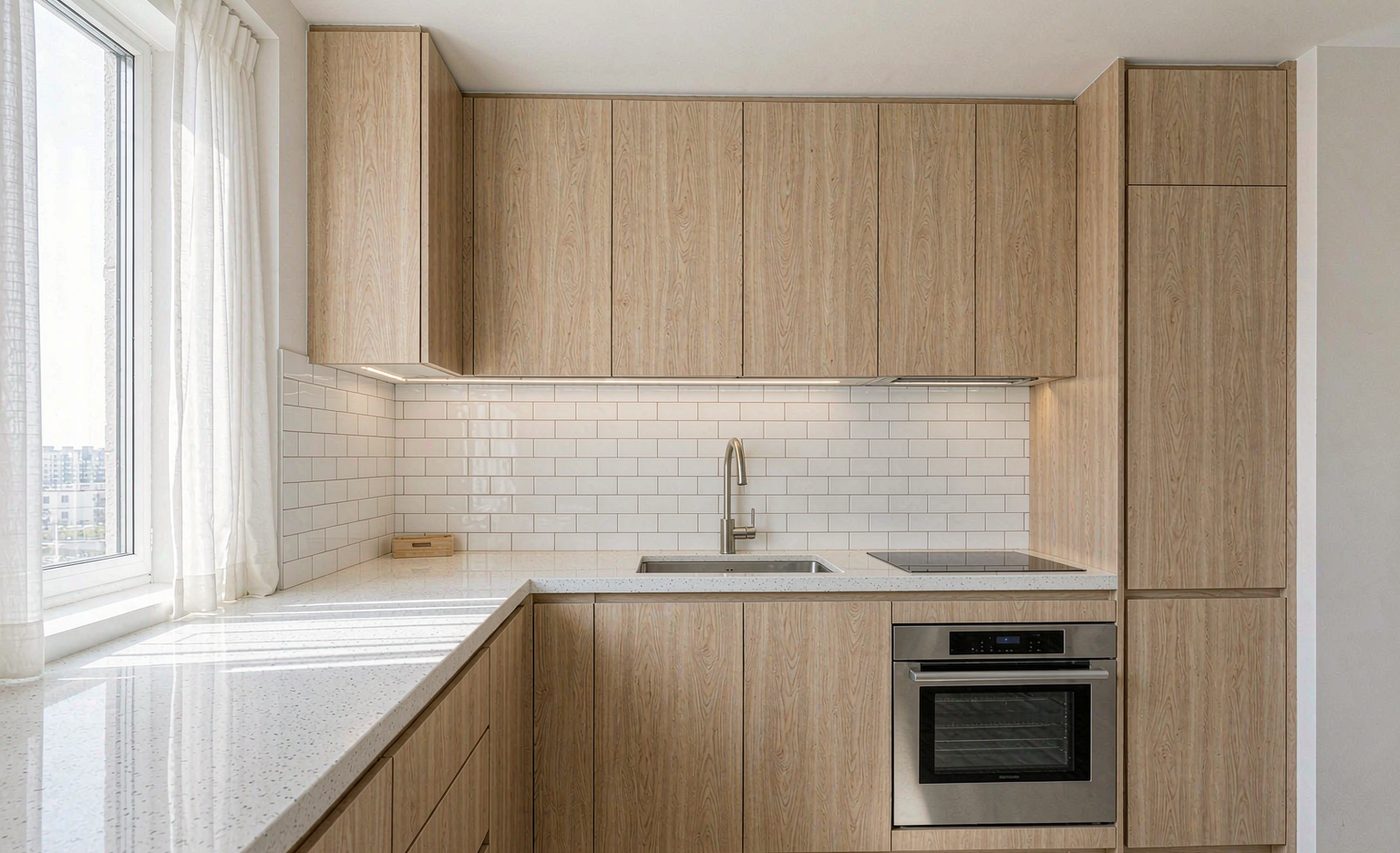 Eleven-year-old kitchen: new cabinets, plumbing untouched, after