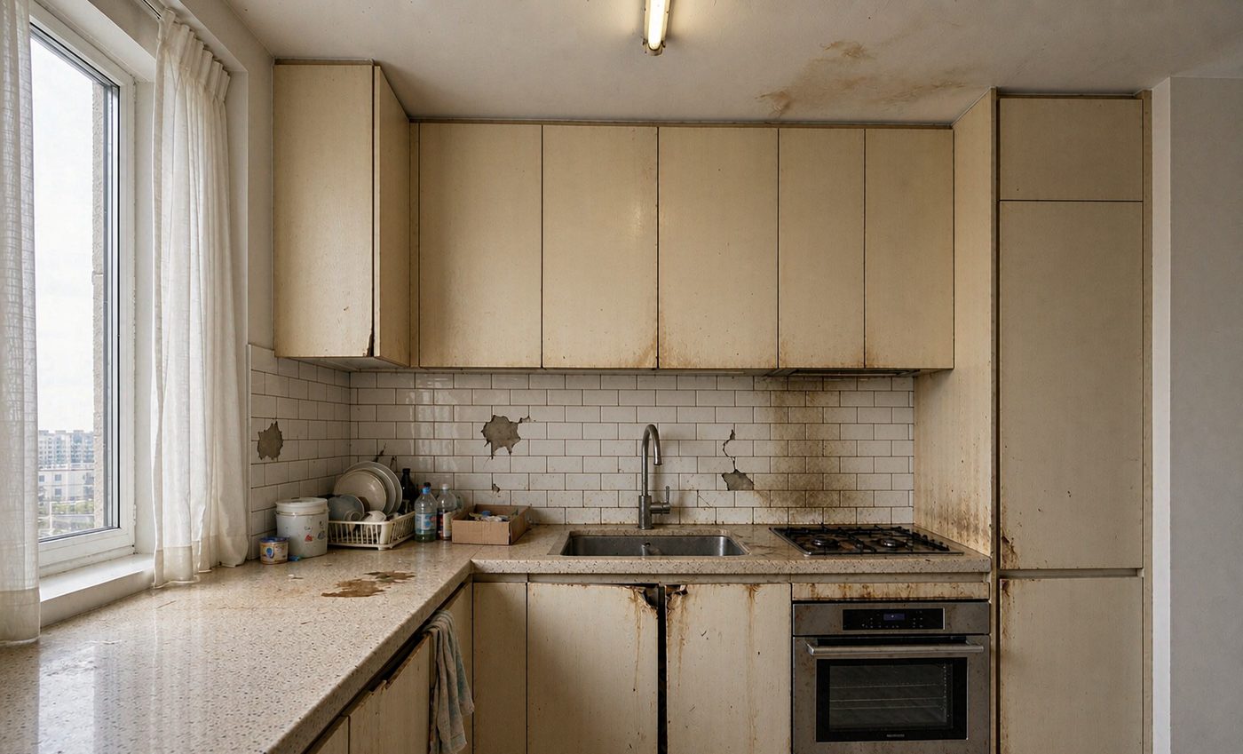 Eleven-year-old kitchen: new cabinets, plumbing untouched: before